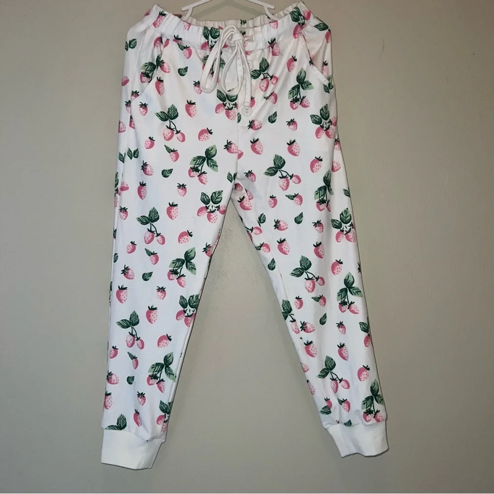 SweetHoney White Pajama Joggers Set with Strawberry Print